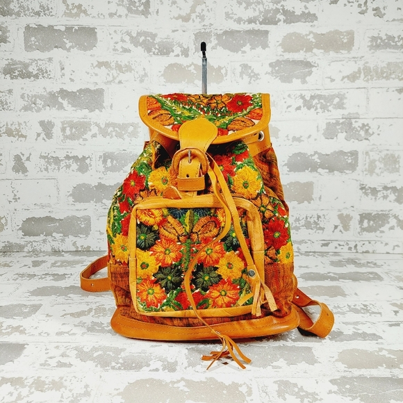 Boutique Handbags - Boutique Floral Tapestry Embroidery Drawstring Backpack Leather Accents 1088